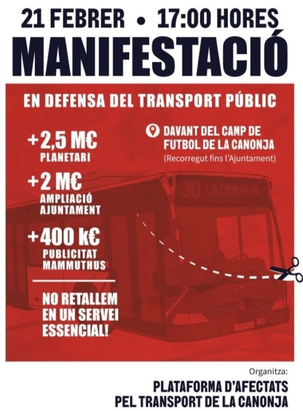 La Unió Territorial de <a href="/LaIntersindical/">LA INTERSINDICAL</a> del Camp de Tarragona i les Terres de l’Ebre ens adherim a les demandes dels veïns i veïnes de <a href="/laCanonja/">Ajuntament de la Canonja</a>, en la seva justa defensa del transport públic. #21F #Manifestació