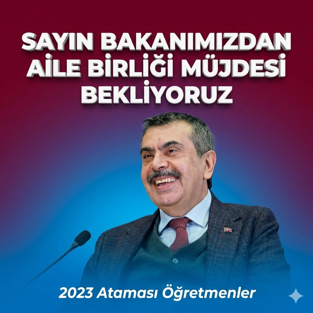 Sayın Bakanımız <a href="/Yusuf__Tekin/">Yusuf Tekin</a>,
Eğitime, öğretmene ve aile kurumuna verdiğiniz kıymeti her fırsatta hissettiren yaklaşımınıza gönülden güveniyoruz. 2023 ataması öğretmenler olarak 3 yıllık fiilî görev süremizi tamamlamış bulunuyoruz. Aile birliği mazeret tayinine ilişkin