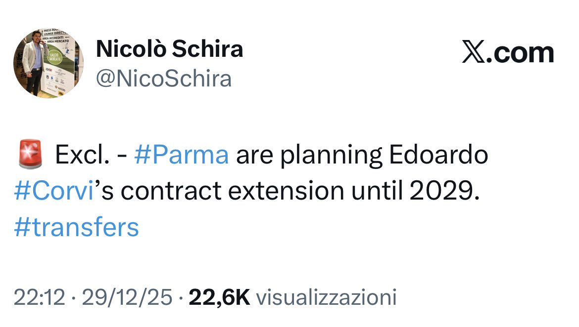 NicoSchira's tweet image. Now it’s official! Edoardo #Corvi has extended his contract with #Parma until 2029. No surprise here and confirmed since the last December 29 as an exclusive revealed! #transfers
