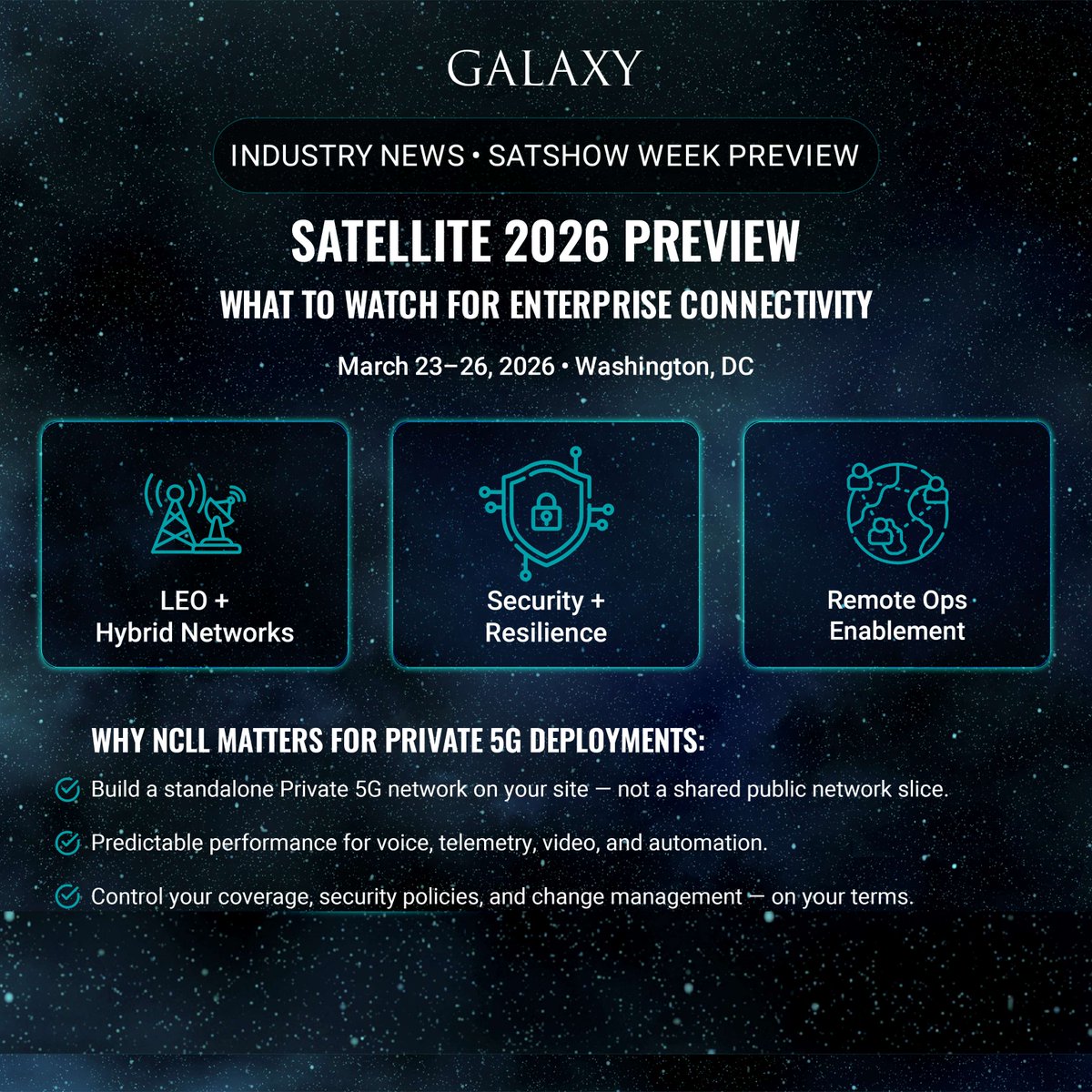 SATShow Week is coming. 🚀

SATELLITE 2026 (DC | Mar 23–26) will spotlight LEO, hybrid networks, resilience &amp; defense-grade connectivity.

Watching: LEO + terrestrial continuity, security for remote ops, gov/defense demand shifts.

What should we break down next?