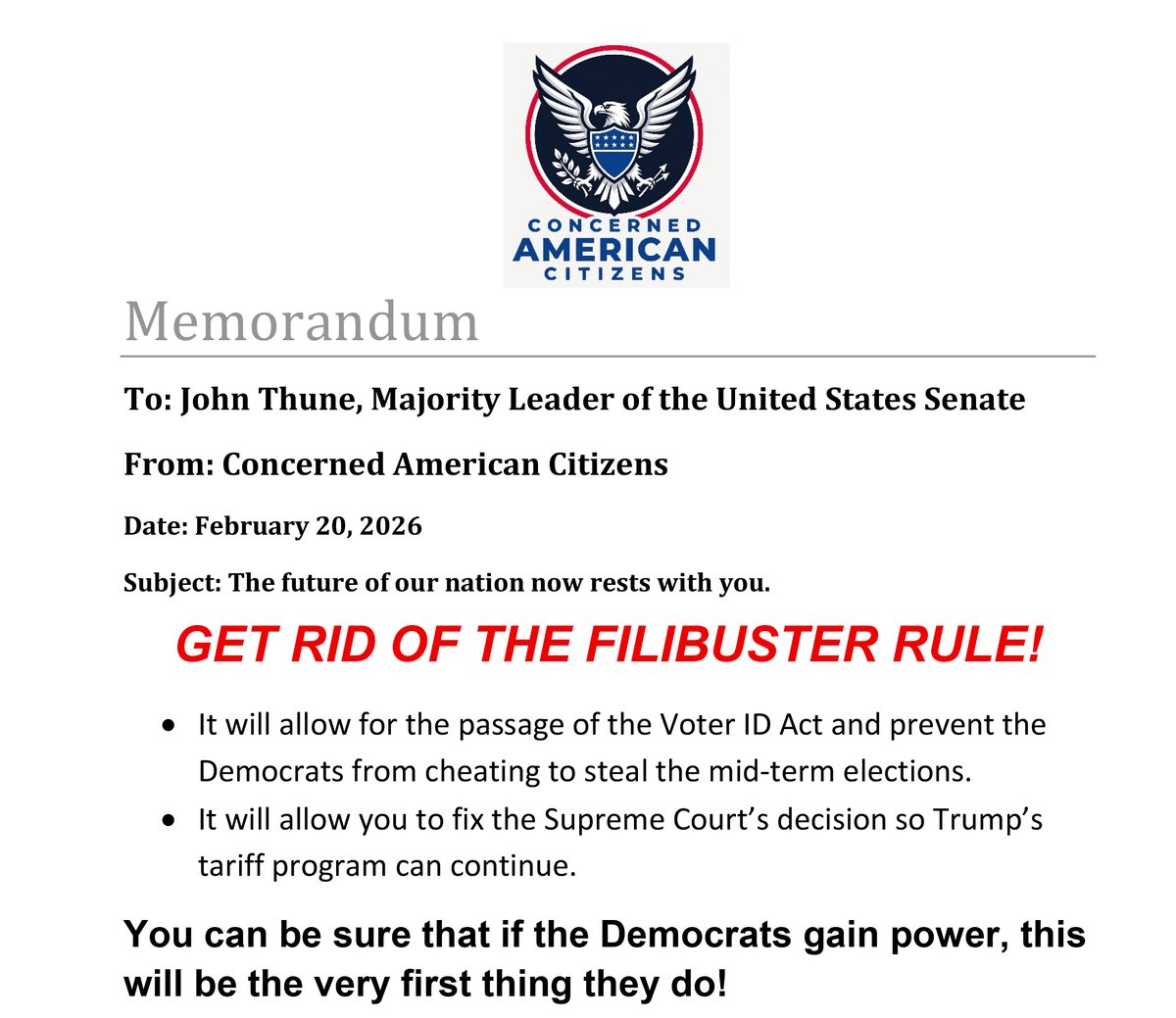 Hey <a href="/LeaderJohnThune/">Leader John Thune</a>, America as we know it will be doomed if you don't do this.