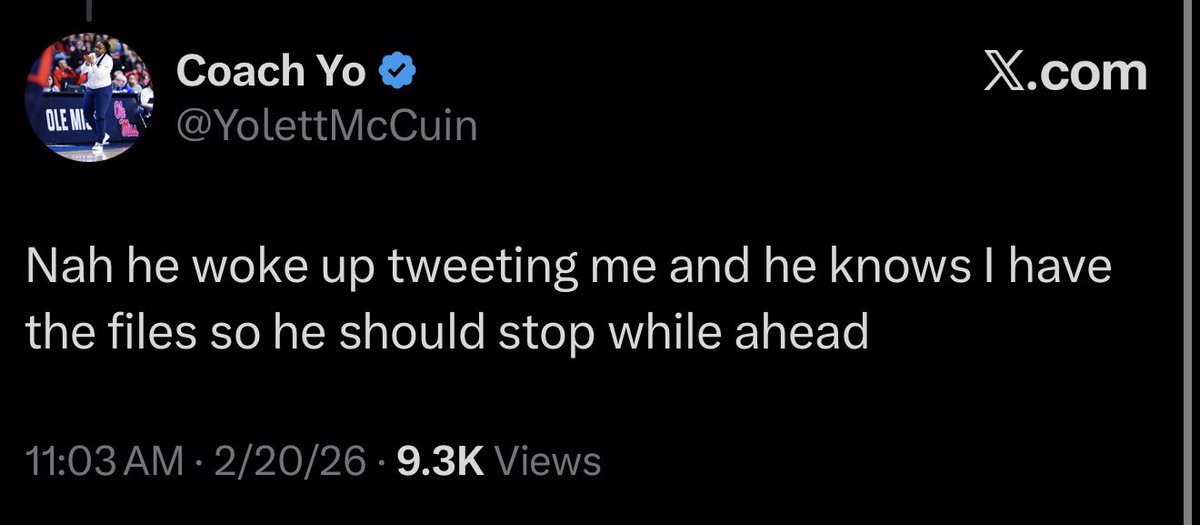 So now your willingly covering up something and not bringing it to light? You really don’t have any files. Stop the cap <a href="/YolettMcCuin/">Coach Yo</a> and <a href="/Lane_Kiffin/">Lane Kiffin</a>  you going to let her make a claim like this about you. She got “files” on you supposedly. Need that response asap. 😂