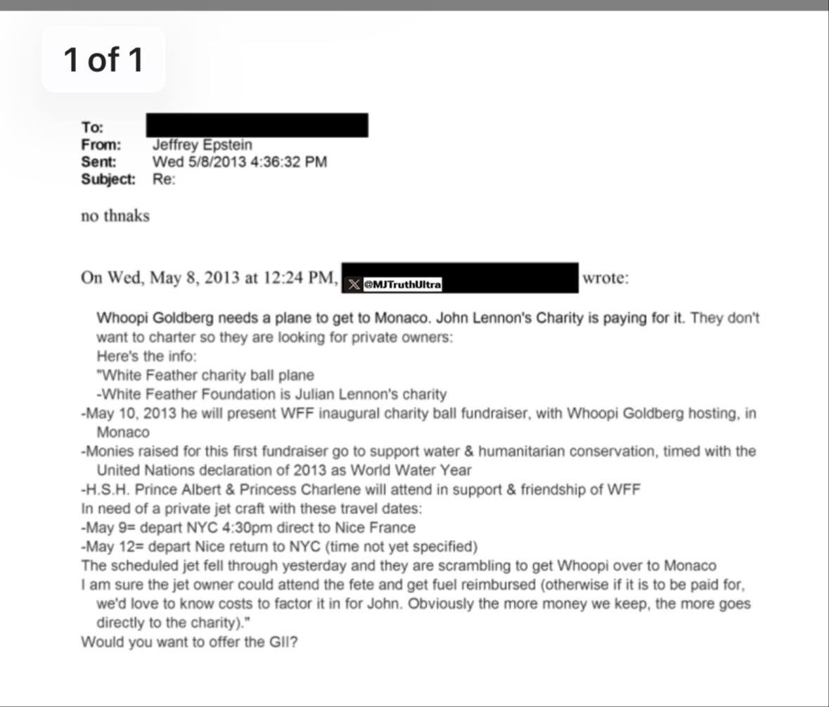 Chicago1Ray's tweet image. You know who the media failed to tell us was in the Epstein files.... Whoopi Goldberg 

She requested one of his private planes, to go to Monaco... her request was denied 

You know what else they failed to mention, that he was already a convicted pedophile at the time 

Can't