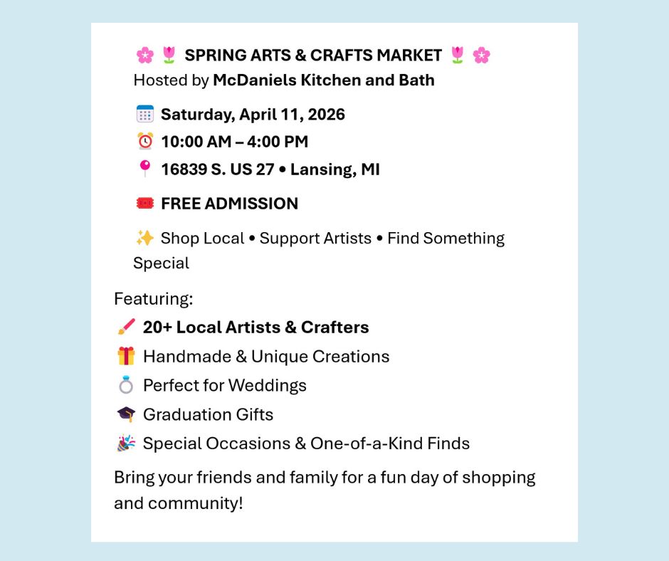 🌸✨ Mark your calendars! Our Spring Arts &amp; Crafts Market is happening Saturday, April 11, from 10 AM–4 PM!

Shop local 🛍️, support talented artists and makers 🎨, and find the perfect spring gifts for every occasion. 🌷Bring a friend and come enjoy a fun, creative day with us!