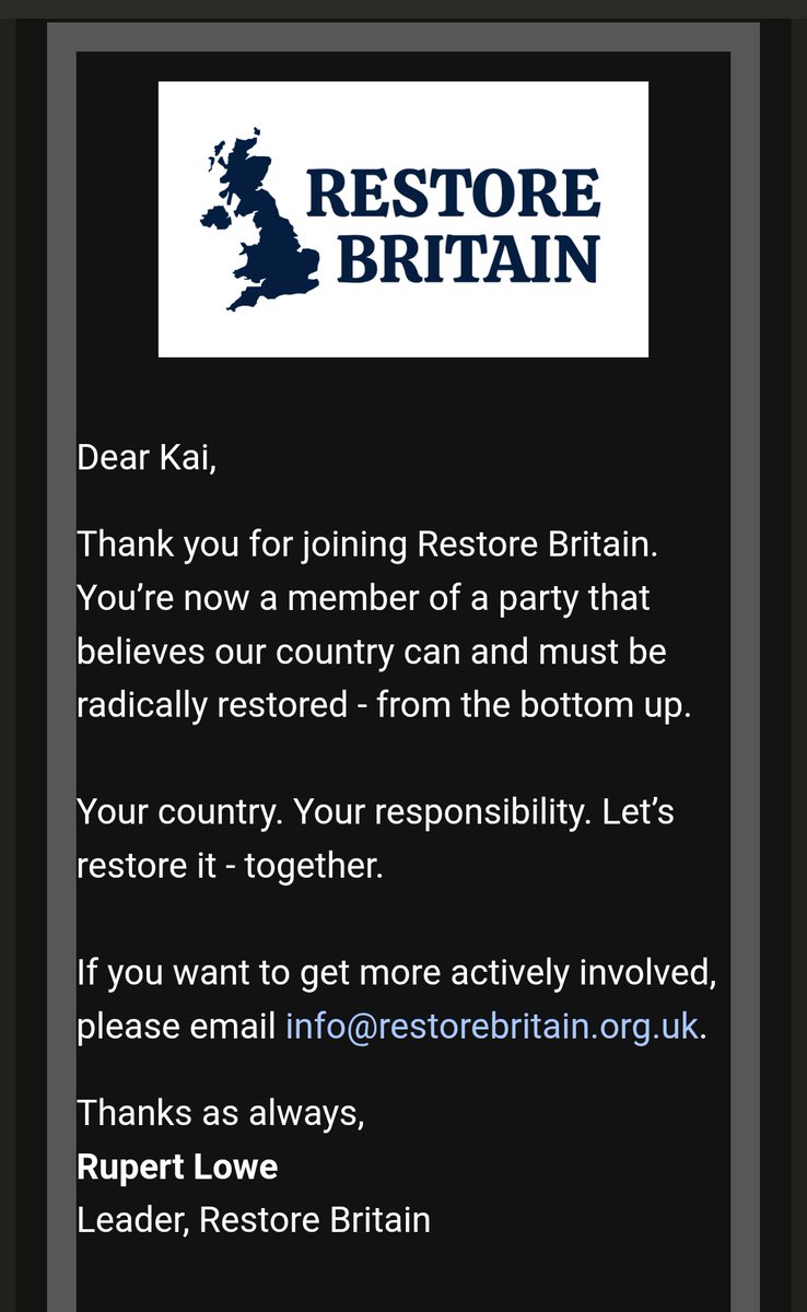 After seeing how the ridiculous mainstream media/parties have reacted to <a href="/RestoreBritain_/">Restore Britain</a>.

I have joined as a member after not participating in politics for quite a while. 

Don't completely agree with every take but most of the things they are saying seem very common sense and