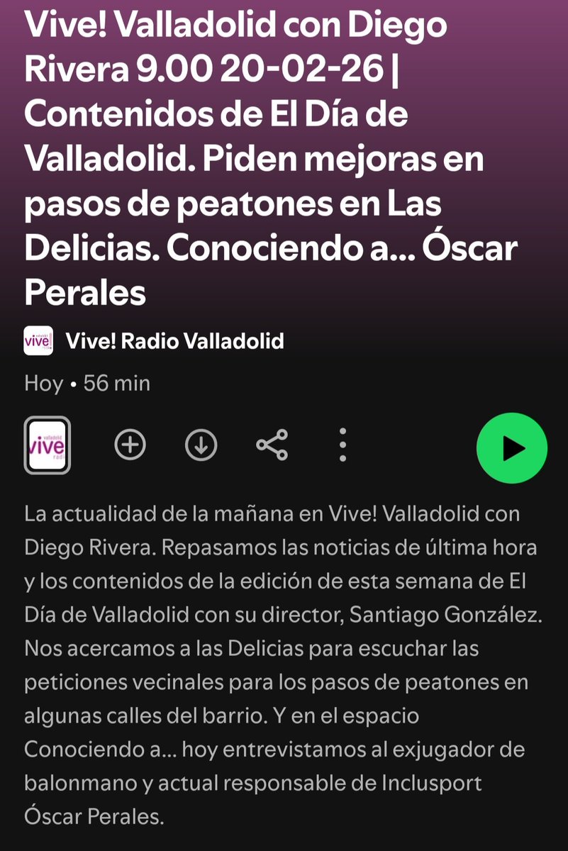 Muchas gracias a <a href="/viveradio_vall/">Vive Radio Valladolid</a> por darnos visibilidad entrevistando esta mañana al presi, <a href="/Operales23/">Óscar Perales</a> 

Podéis escucharlo aquí 👇

open.spotify.com/episode/3sF8rC…

#inclusion #Inclusport #radio