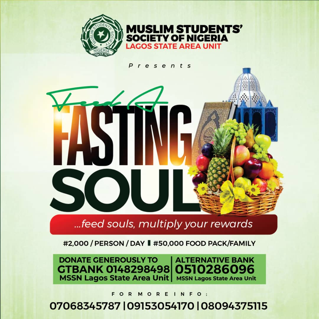 RAMADAN FOOD PACK SUPPORT.

Your ₦50,000 donation will provide:

10kg Rice
2kg Honey Beans
2kg Garri
450g Poundo Yam
2L Veg Oil
2L of Palm Oli
1Kg Custard
1kg Semovita
400g Milo
320g Dano Milk
5pc of Spaghetti 

GTBANK: 0148298498
MSSN Lagos  Area Unit