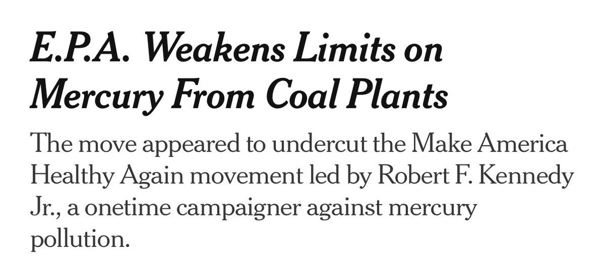 First, <a href="/POTUS/">President Donald J. Trump</a> orders increased production of glyphosate — a potent toxin to human health. 

He follows it up with this move to ensure more Mercury in the air we breathe. 

“MAHA” is proving to be all marketing, no substance <a href="/RobertKennedyJr/">Robert F. Kennedy Jr</a>