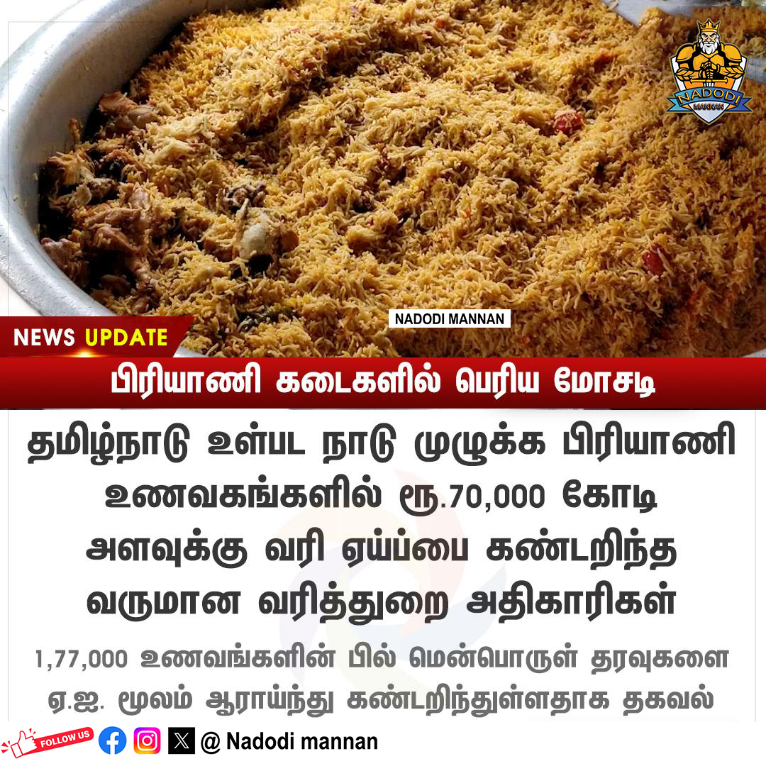 NadodiMannanYt's tweet image. Big scam in biryani shops including Tamil Nadu
 
#GoBackStalin #ResignStalin #Annamalai #Modi #BJP #ADMK #DMK #MkStalin #UdhayanidhiStalin #ByeByeStalin #DMKfails #DMKTroll #Trending #Viral