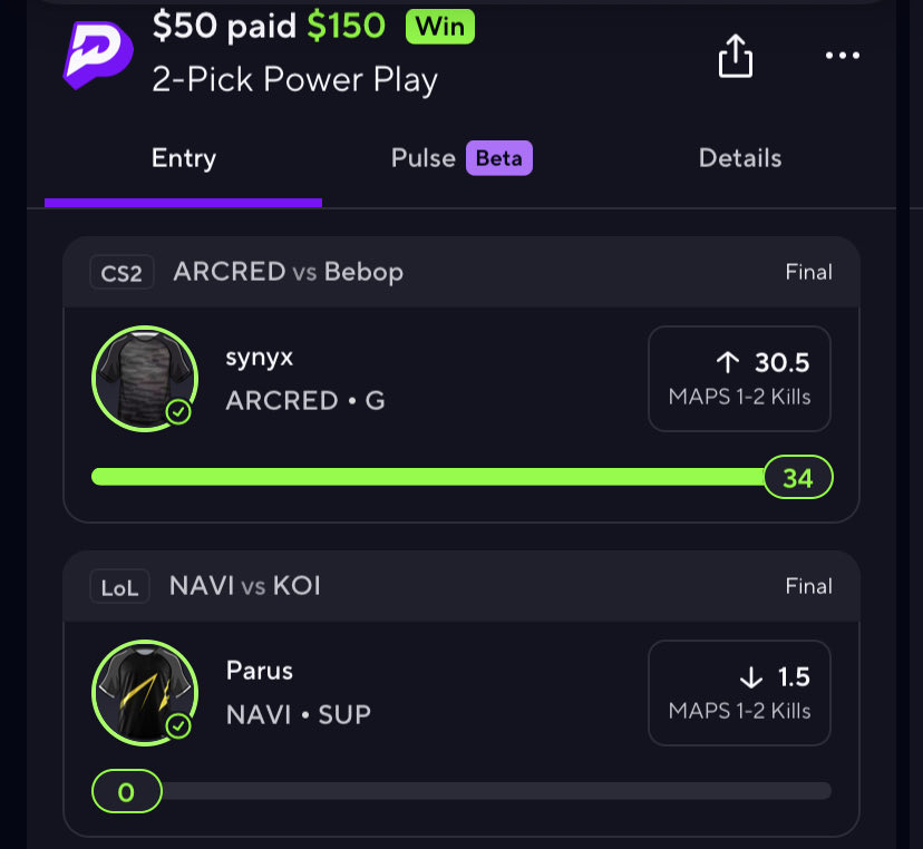 Cash the Esports 2 Man✅✅✅😈
Sweat free 💥💥💥🦈 Who don’t like early money should we do more PrizePicks wake and cash👀 
20 likes if y’all wanna run this back☢️☢️

#NBA #GamblingX 
#Prizepickslocks #TrendingNow #Nhl #Underdog #Bettingtips #FGM