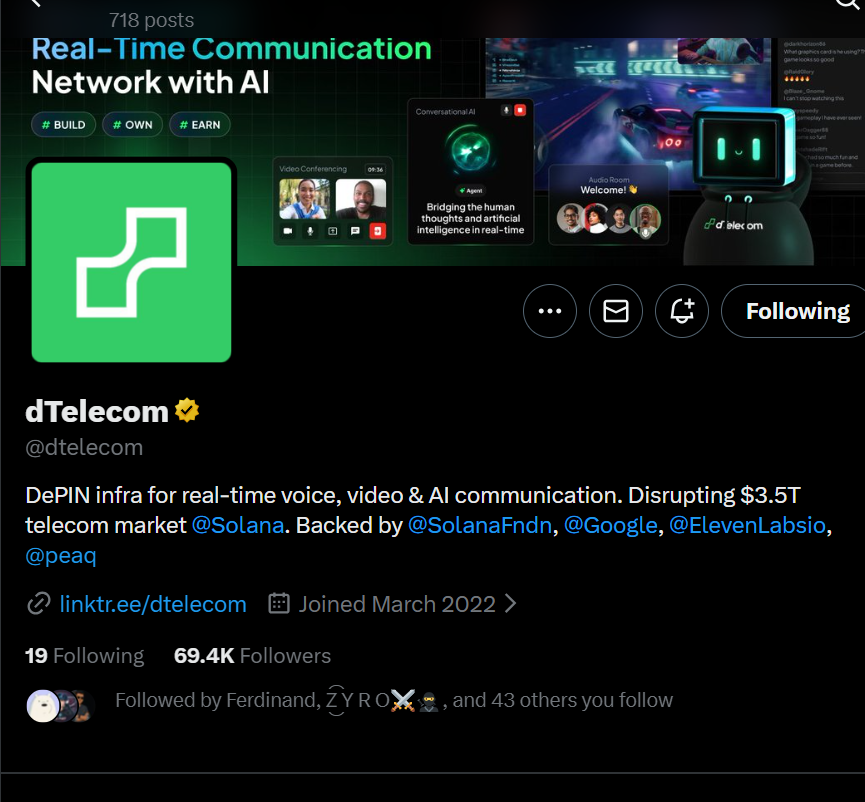 🚀 The Future of <a href="/dtelecom/">dTelecom</a>  is Decentralized!

🔥 dTelecom is building a Real-Time Communication Network powered by AI — combining voice, video &amp; AI into one powerful DePIN infrastructure.

🌐 Disrupting the $3.5T telecom market
 Built on @Solana
 Backed by many storng project