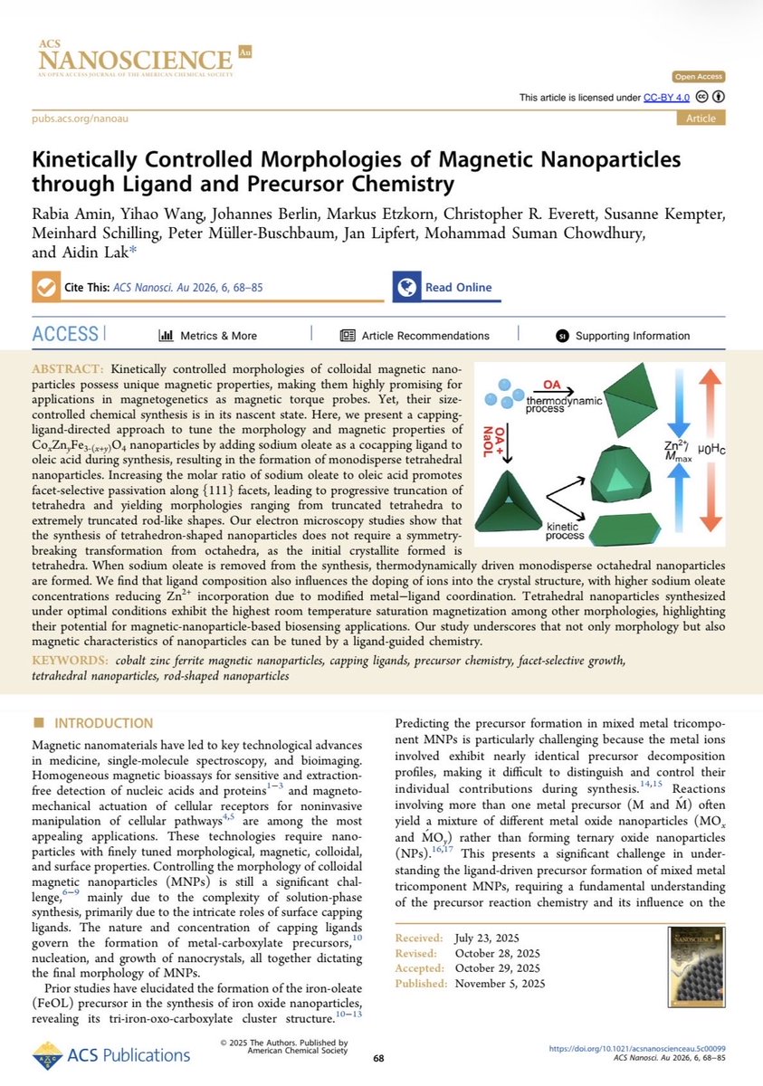 muller_group's tweet image. Collaborator R. Amin in #ACS #Nanoscience #AU (@ACSPublications) in Kinetically-controlled #morphologies of #magnetic #nanoparticles through #ligand and #precursor #chemistry

ACS Nanoscience Au 6, 68-85 (2026)

doi.org/10.1021/acsnan…