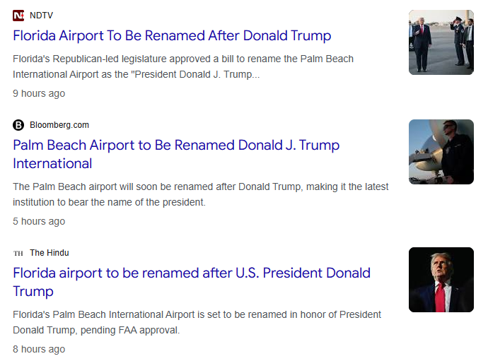 irrrfy's tweet photo. BREAKING 🚨

> US President Donald Trump to get Florida airport renamed after him as "Donald J. Trump International" 

> sources say he is planning to rename US Supreme Court after him.  

> He is mostly likely influenced by his billionaire friends.

> Fact check this https://t.co/Se61YNWArZ