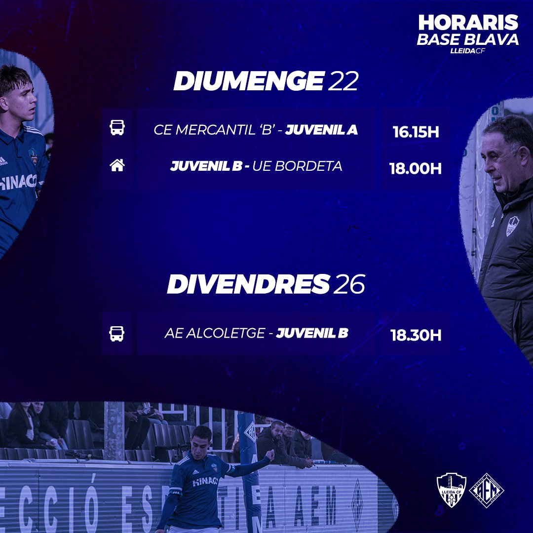 LleidaCF's tweet photo. Aquests són els horaris d’aquest cap de setmana de la Base Blava! 💙💪🏻
#BaseBlava #MésViusQueMai #LleidaCF https://t.co/AXYyrVVEbp
