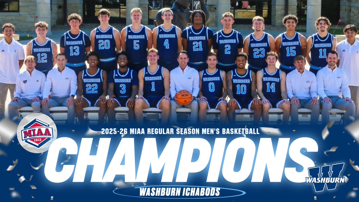 TheMIAA's tweet photo. ICYMI: Washburn men are back-to-back MIAA 𝑪𝑯𝑨𝑴𝑷𝑰𝑶𝑵𝑺 🏆🎊

With a conference record of 15-1 and three games left to play, the Ichabods have captured the 2025-26 MIAA Men's Basketball Regular Season Championship for the second consecutive season 🎩👏

#BringYourAGame https://t.co/pwQgqNKgVt