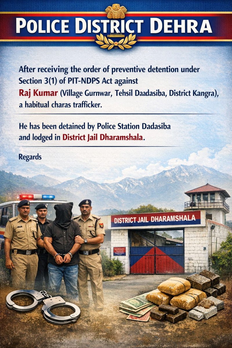 🚨 PIT-NDPS Action
 Govt. of Himachal Pradesh approved preventive detention u/s 3(1) PIT-NDPS against Raj Kumar of Dadasiba (Kangra), a habitual charas trafficker.
Detained by PS Dadasiba &amp; lodged in District Jail  for 3 months.
4 other habitual NDPS offenders already detained.