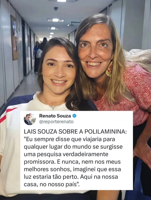 A ex-ginasta Lais Souza visitou o laboratório da UFRJ que estuda a polilaminina. A ex-atleta postou uma foto ao lado da professora Tatiana e uma legenda dizendo que ela precisava ter ido agradecê-la pessoalmente por todos os anos dedicados à pesquisa.