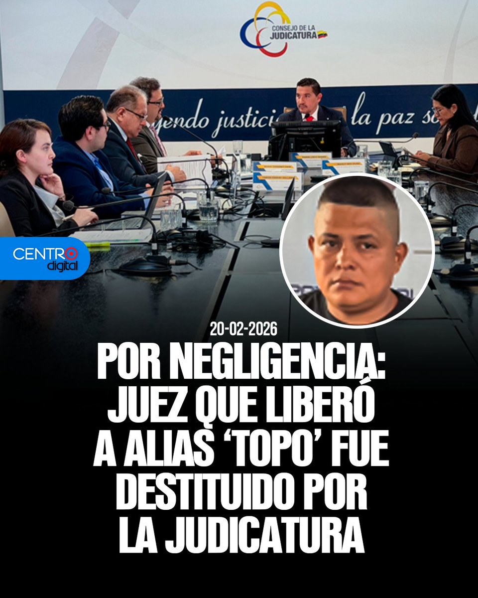 #ATENCION | El Pleno del Consejo de la Judicatura destituyó al juez Walter Pío Arreaga, de La Joya de los Sachas, Orellana, por negligencia en el caso penal contra alias “Topo”, miembro de la red ‘Los Choneros-Fatales’, tras dejar sin efecto la prisión preventiva y ordenar su