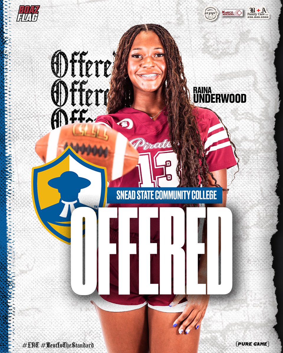 Honored to receive my first offer in Flag Football from Snead State! Thanks for the recognition let’s go! 🏈 <a href="/BoazFlag/">Boaz Pirate Flag Football</a> <a href="/sneadstatecc/">Snead State</a> #girlpower #flagfootball #OfferAlert