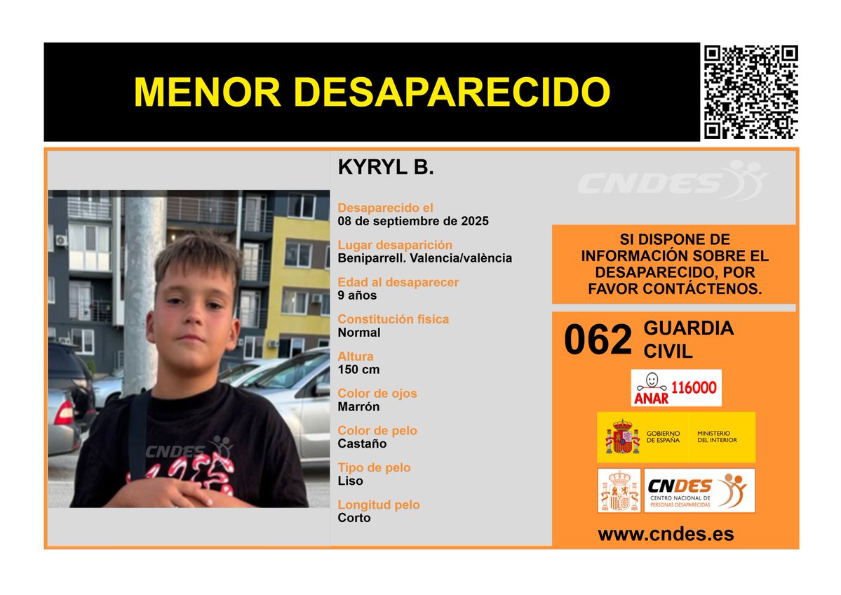 ⚠️🚹MENOR DESAPARECIDO🚹⚠️
Edad  9 años
🧐Última localización #Valencia 
Ayúdanos➡️comparte 📲
Si crees haberlo visto 📩cndes-web.ses.mir.es/publico/Desapa…
📞062@guardiacivil
☎️116000 ANAR
<a href="/cndes_oficial/">CNDES</a> #menor #desaparecido