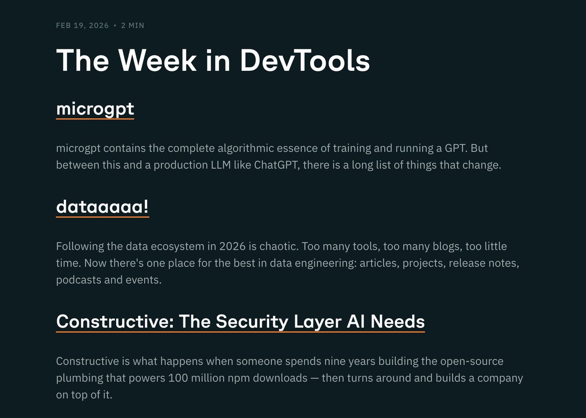 heavybit's tweet photo. This week's #DevToolsDigest includes news and resources from @karpathy, @teabass, and more. https://t.co/Vzv2cRlo0e https://t.co/1OL07uh00Y