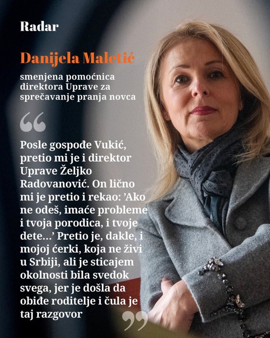 “Zvaću Sinišu“ – dve reči koje savršeno opisuju činjenicu da je država oteta. 

Dok se u fondu „Vista Rica“ vrte prljavi milioni braće, kumova, emotivnih partnera, osuđenih kriminalaca, Danijela Maletić posle 22 godine rada dobija otkaz i lisice na ruke jer je radila svoj posao