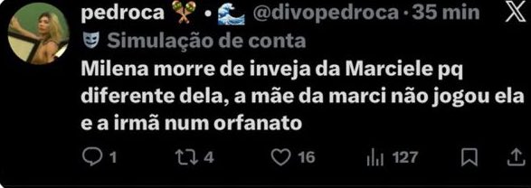 Equipe da <a href="/MarcieleAlb/">Marciele Albuquerque 🪇</a>, já que vocês adoram repudiar falas, acho que deveriam dar uma olhada nos comentários que a própria torcida de vocês vem fazendo sobre a Milena e até mesmo sobre a irmã dela, que nem está no programa. Absurdo, né?! Deixo aqui o print!