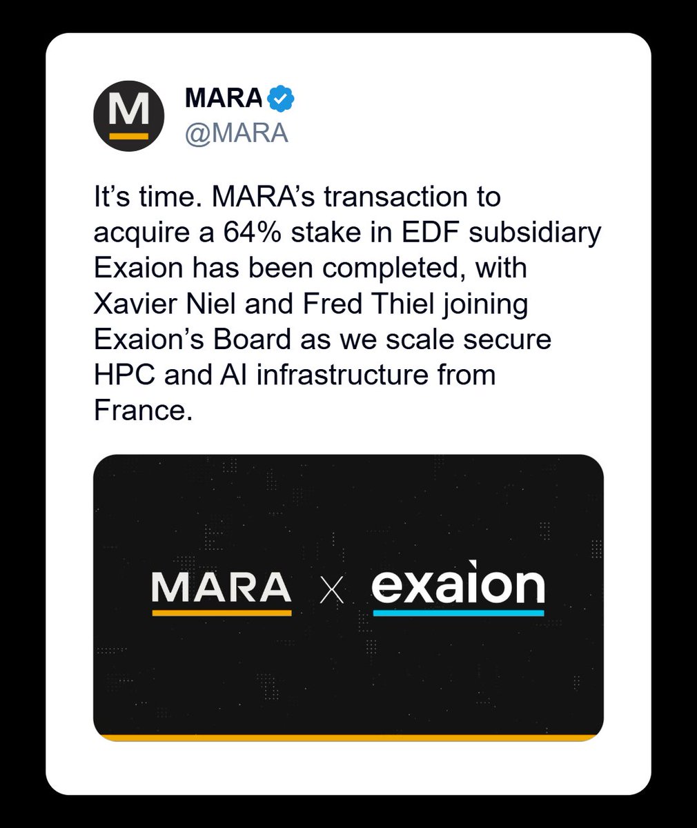 [ 🇫🇷 FRANCE | 🇺🇸 USA ]

🔸 Bercy autorise vendredi la vente d’Exaion, filiale d’EDF spécialisée en HPC (calcul haute performance), à l’américain Mara, avec conditions strictes pour garantir la souveraineté française.

Les activités sensibles d’EDF sont ré-internalisées, sans