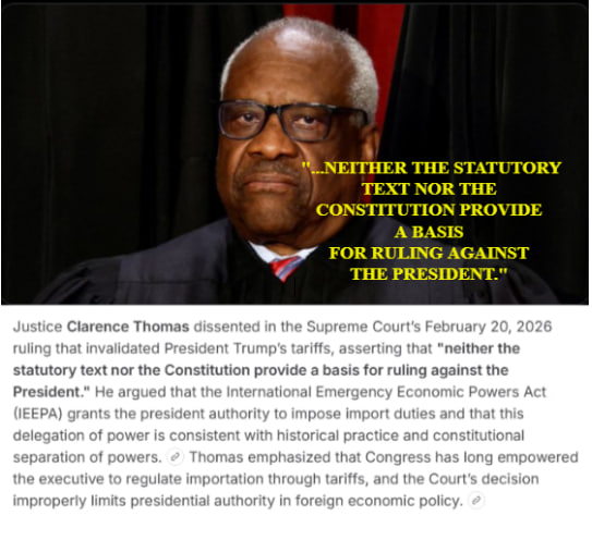 SantaSurfing's tweet image. Justice Clarence Thomas dissented in the Supreme Court’s February 20, 2026 ruling that invalidated President Trump’s tariffs, asserting that 

"neither the statutory text nor the Constitution provide a basis for ruling against the President." 

He argued that the International