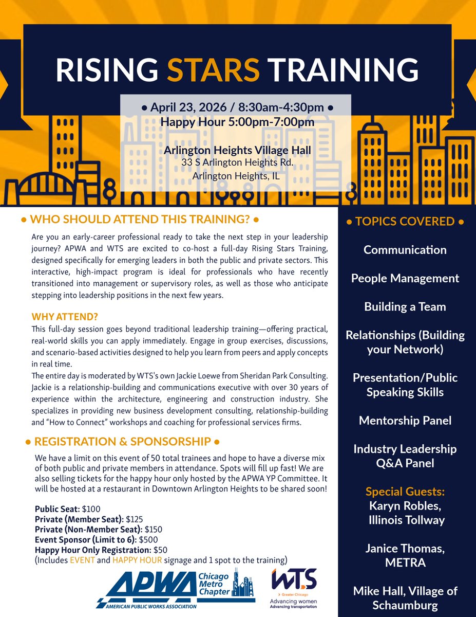 🚀 Join Jackie Loewe for a full-day #LeadershipTraining with practical skills, group exercises, and real-world applications! Sign-up: chicago.apwa.org/event/chicago-… #ProfessionalDevelopment #Networking #AECIndustry #RealWorldSkills 🤝✨