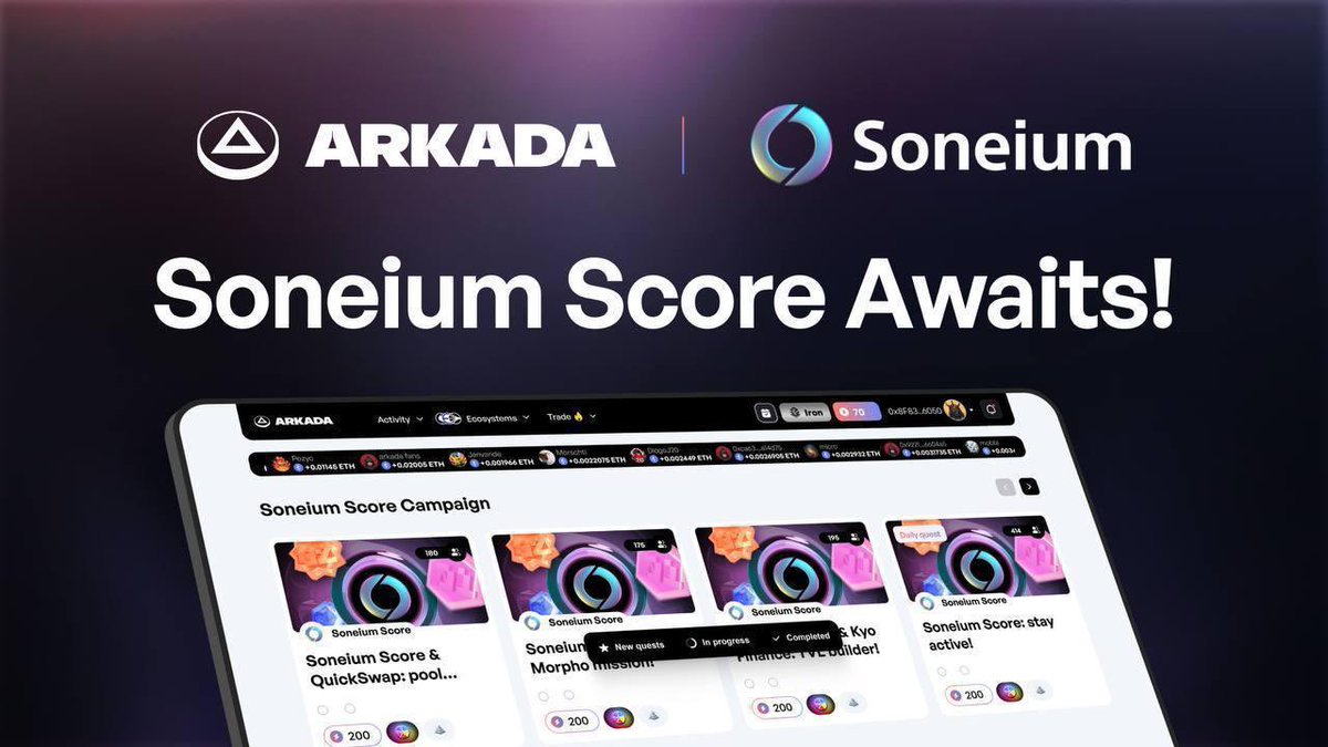 Arkada_gg's tweet image. 🚀 @soneium Score Season 7 is up and running!⚡️

Discover the new unified quest area — your missions are now in one convenient spot to help you boost your Score faster.

🔗 app.arkada.gg/en/soneium-sco…

You can complete quests from: @ConftApp, @QuickswapDEX, @Uniswap, @VelodromeFi,