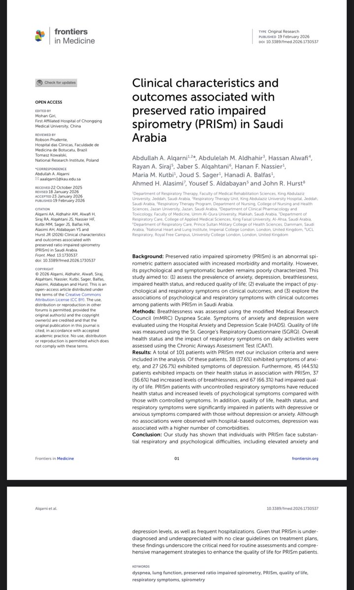 Thrilled to share our latest research on PRISm, highlighting its significant respiratory and psychological burden in a Saudi cohort. 

Grateful to @Profhurst and our team for this valuable international collaboration.

🔗 Read here: frontiersin.org/journals/medic…