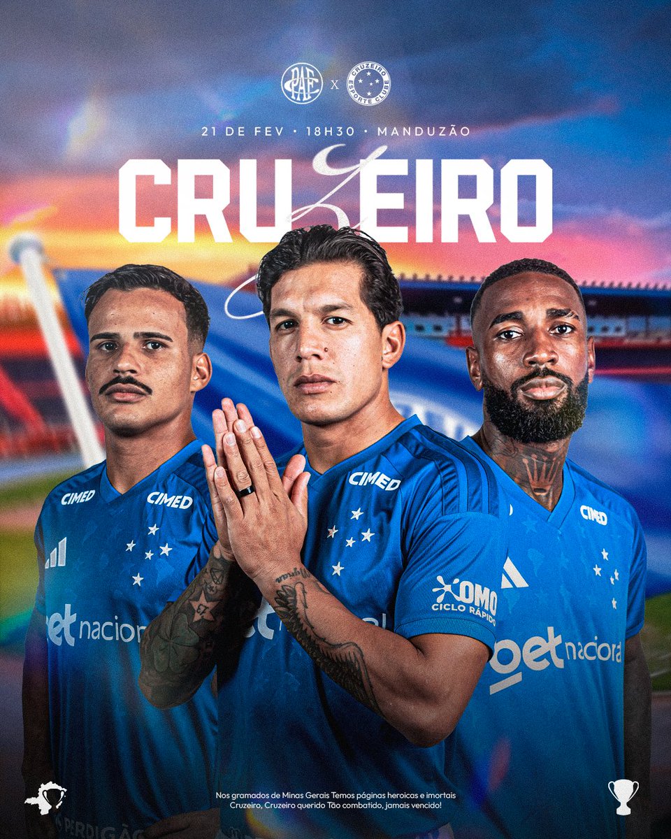 Cruzeiro's tweet photo. 𝐀𝐳𝐮𝐥 𝐞 𝐛𝐫𝐚𝐧𝐜𝐨 𝐞́ 𝐦𝐢𝐧𝐡𝐚 𝐟𝐚𝐫𝐝𝐚
𝐂𝐨𝐦𝐚𝐧𝐝𝐚𝐝𝐚 𝐩𝐨𝐫 𝐦𝐢𝐥𝐡𝐨̃𝐞𝐬!! 🎵🦊

Pouso Alegre 🆚 Cruzeiro
🏆 Campeonato Mineiro - Semifinal - Jogo de Ida
🏟 Manduzão
🕓 21/02/2026 | 18h30
📺 Premiere e SportyNet

#POUxCRU #GrandeCampeão https://t.co/GuJU1TfhiS