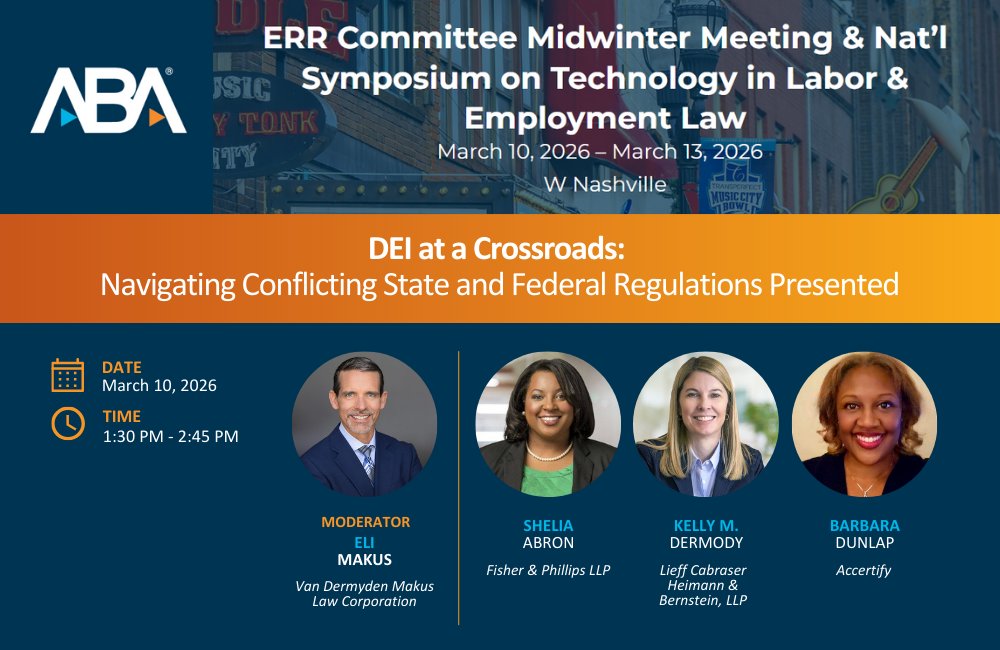 vmlawcorp's tweet photo. We're thrilled to announce that Eli Makus will join a powerhouse panel for a timely and essential session on one of the most contested areas in employment law today at the ABA ERR Midwinter Meeting on Technology in Labor &amp; Employment Law.
https://t.co/XNf8dMhsjt https://t.co/n6BWMZgu34
