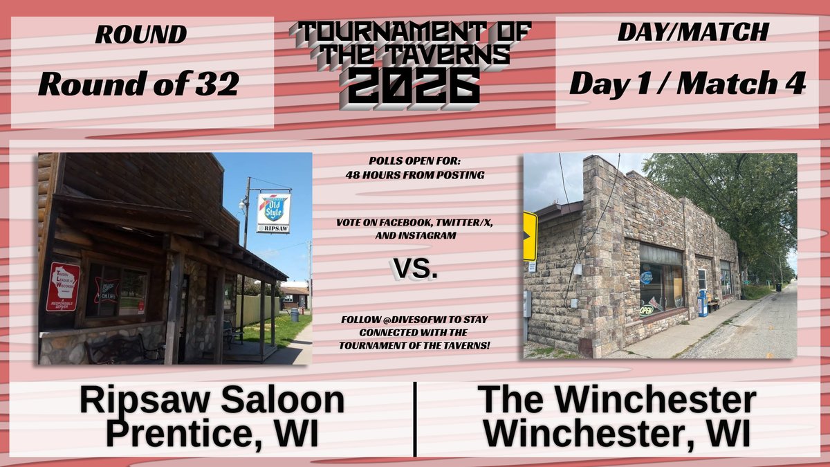 DivesOfWI's tweet photo. 🚨Tournament of the Taverns: Round of 32, LET'S GO! 🚨

Day 1️⃣ / Match 4⃣

Ripsaw Saloon (Prentice) v. The Winchester (Winchester)

📝Vote in the poll below⬇️: 1 VOTE
🔄Quote Tweet this post (must name your favorite in the QT): 3 VOTES https://t.co/vHyF5OoRTL