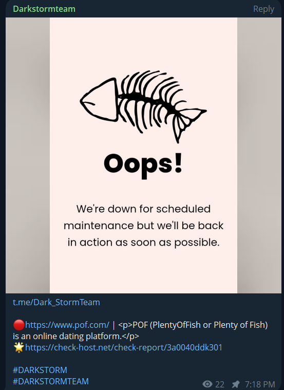 tired52510's tweet photo. Dark storm team ddos plenty of fish platform                             #DARKSTORM #DDOS #PLENTYOFFISH #CYBERATTACK https://t.co/FxBIQdGTV6