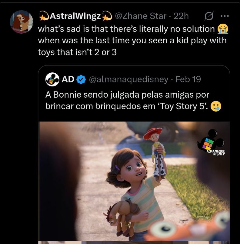 It's because kid's toys are now a lot less playable. Lego sets are more screen accurate but they lack play features, Barbie lacks clothing and playset options, blindbox toys are exciting for 5 minutes but lack replay value, etc. Even the Toy Story 4 tie in toyline sucked.