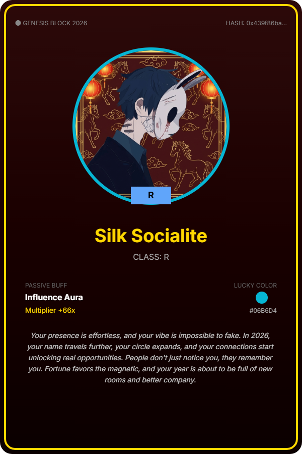 Testing my luck with Perle of Fortune: Year of the Horse 🧧

Just minted my Perle Identity: Silk Socialite (R)

Passive Buff: Influence Aura (+66x) 💰

Generate your own unique Perle card + claim a limited red packet cover 👇 perleoffortune.xyz/share/0x439f86…