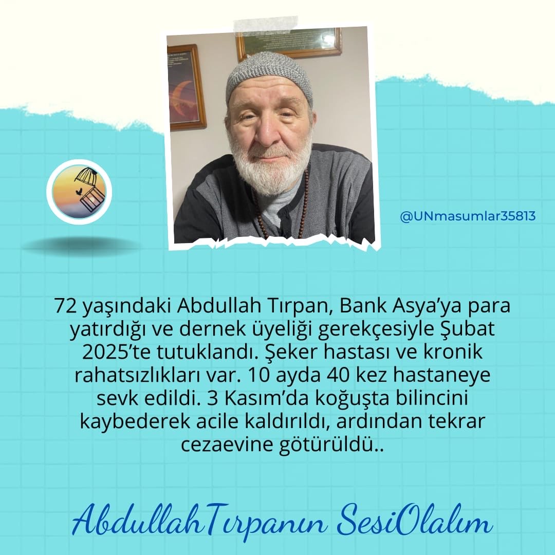Bugün hasta bir mahpus için susanlar, yarın adalet aradığında sesini kim duyacak?

Abdullah Tırpan için değil sadece…
İnsanlık için konuşuyoruz:
Bu sese kulak ver !

AbdullahTırpanın SesiOlalım