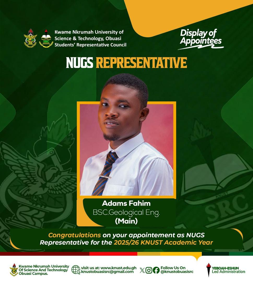 The KNUST, Obuasi Campus SRC is pleased to officially present the NUGS Representative for the 2025/2026 Academic Year.