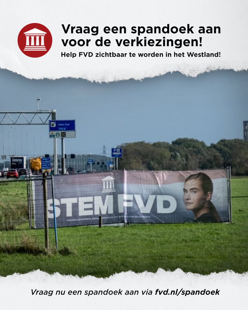 Beschikt u over een veld, een grote tuin of een weiland in een gemeente waar FVD meedoet, of op een toplocatie naast een snelweg bijvoorbeeld?
 
Vraag dan via fvd.nl/spandoek een spandoek aan voor de campagne!

🗳️ Stem 18 maart FVD Westland

#FVD #Westland #GR2026