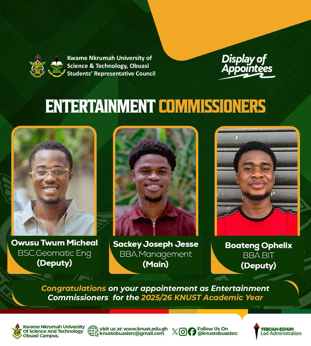 The KNUST, Obuasi Campus SRC is pleased to officially present the Entertainment Commissioners for the 2025/2026 Academic Year.