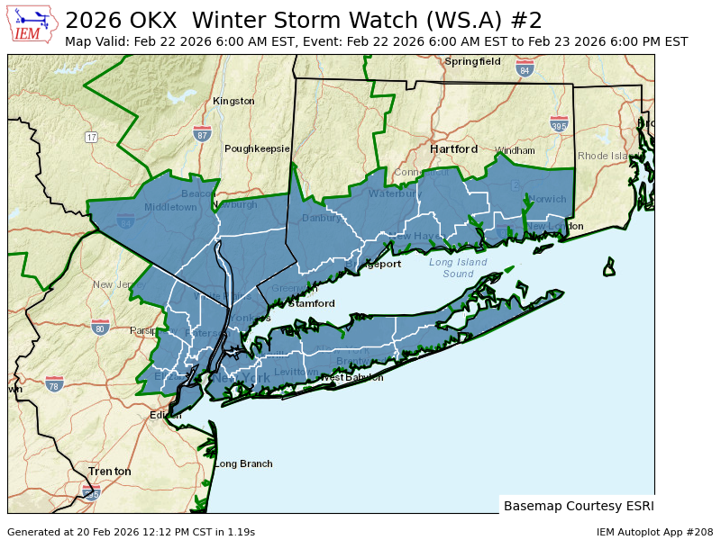iembot_okx's tweet photo. OKX issues Winter Storm Watch valid at Feb 22, 6:00 AM EST (34 zones) till Feb 23, 6:00 PM EST https://t.co/3MWvdMs93y https://t.co/JHwUkXJNEG