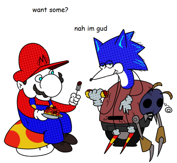 for some reason the mario and sonic fight is back??

anyways, drew them having a lunch break