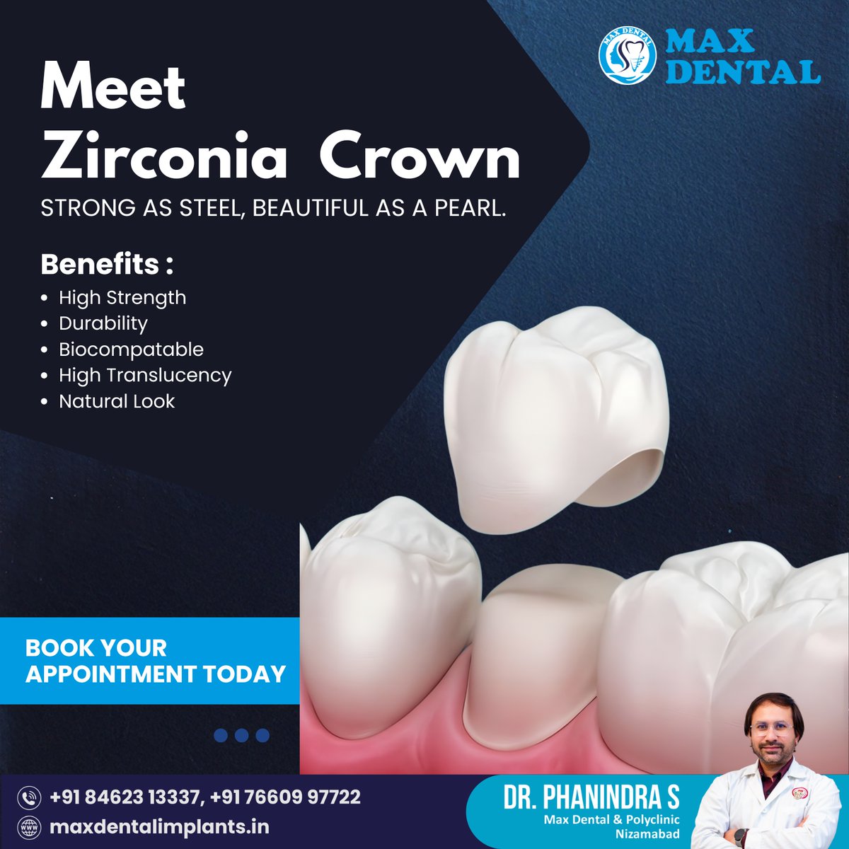 SAIMAXDENTAL1's tweet photo. Restore your smile with Zirconia Crowns at Max Dental Clinic

Strong, metal-free ceramic crowns that protect damaged teeth, restore shape &amp; enhance your natural smile.
#drphanindra_max_dental #drphanindras #phanindra_sandebiksham #MaxDental #ZirconiaCrowns #CosmeticDentistry https://t.co/4zBggH5DWp
