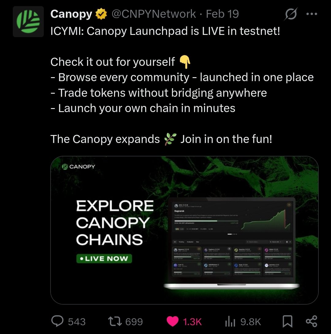 Testnet launchpad is live and builders are already shipping chains like it's nothing. <a href="/CNPYNetwork/">Canopy</a> shoutout post pulling 800+ likes in hours — proof the easiest L1 path wins.
No more months of begging for infra.
Day-one sovereignty is here.

#CanopyNetwork #SovereignL1