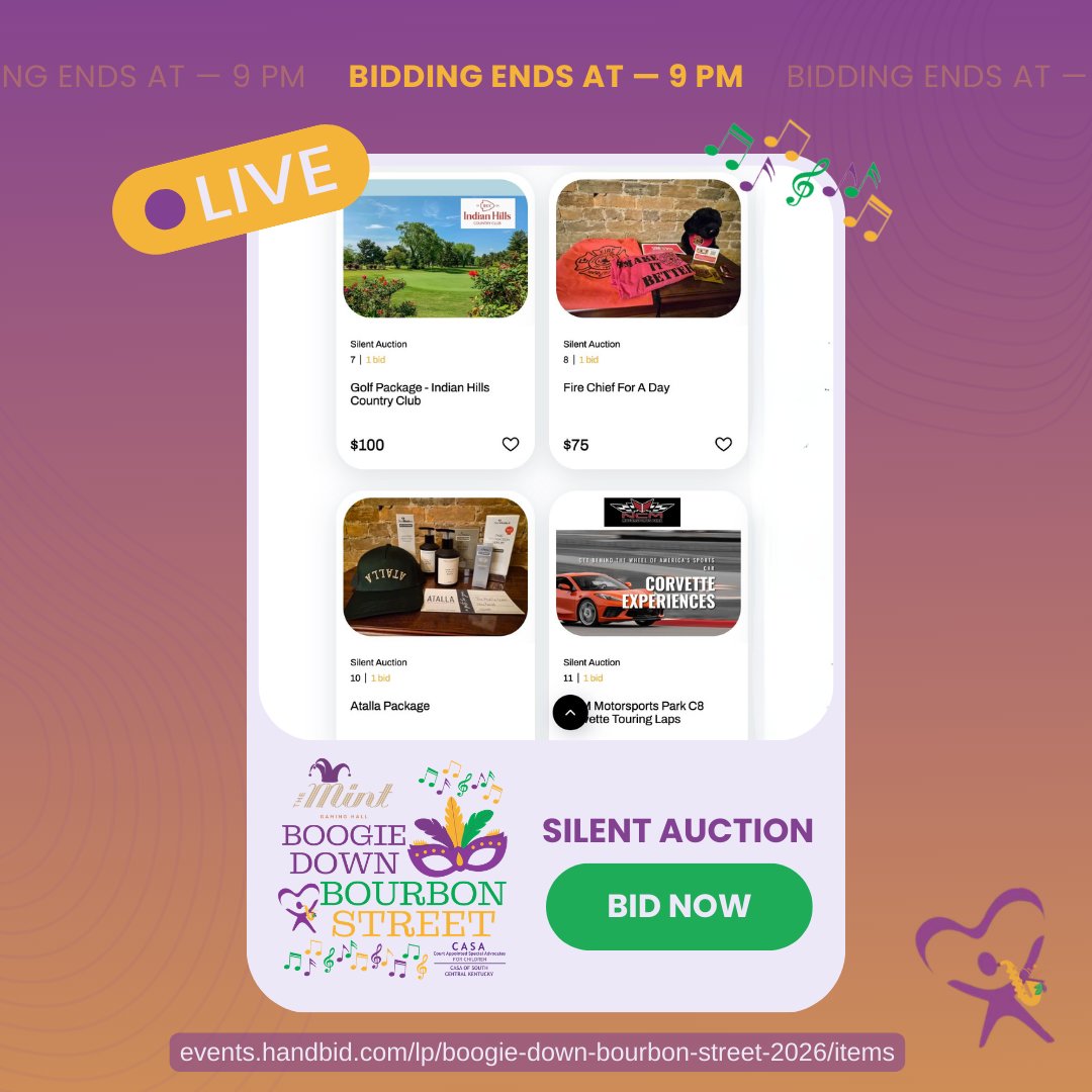 casaofsck's tweet image. 🎷 CASA’s Silent Auction is LIVE — bidding ends at 9 PM!

Bid on amazing items and support children in our community. 💙

Place your bids now:
 
events.handbid.com/lp/boogie-down… #SupportCASA
