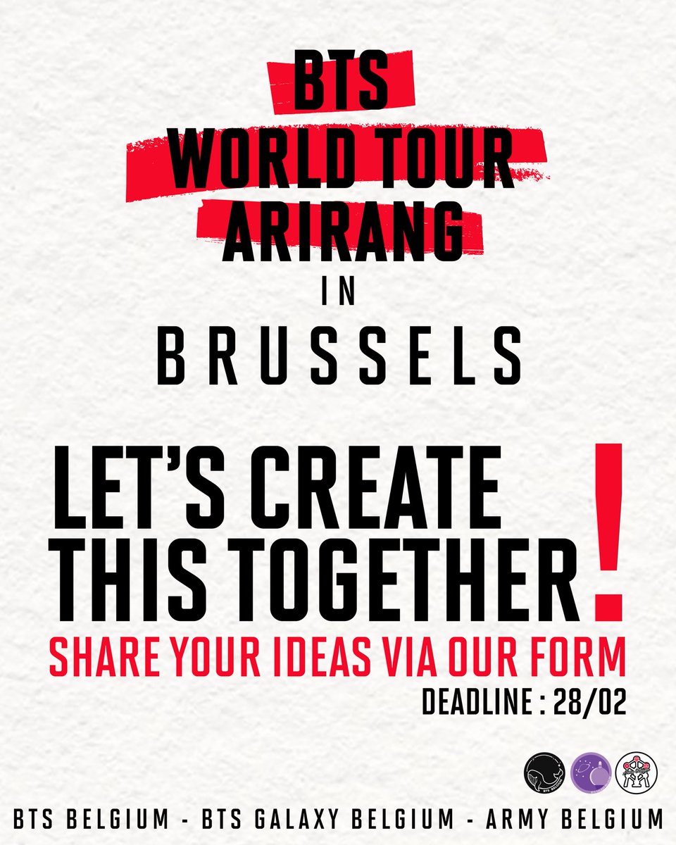 [BTS ARIRANG TOUR IN BRUSSELS]

(Dutch and French below)

🇬🇧
ARMY! As you know, we have already announced a banner project for the concert, but obviously we would like to organise more things for you to enjoy! 

However, we don’t want our projects to be one-sided!

We as fanbases
