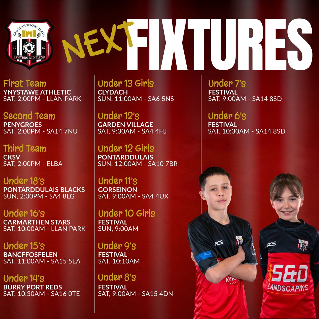 llangennechafc's tweet photo. Busy weekend for Llan 🔴⚫️

Firsts at home, 2nds on the road, and 3rds at Elba, plus a packed junior schedule across both days 💪

Good luck to all our Llangennech AFC sides ❤️🖤

#FightNotFold #BrwydroNidPlygu https://t.co/XLlZkbQicI