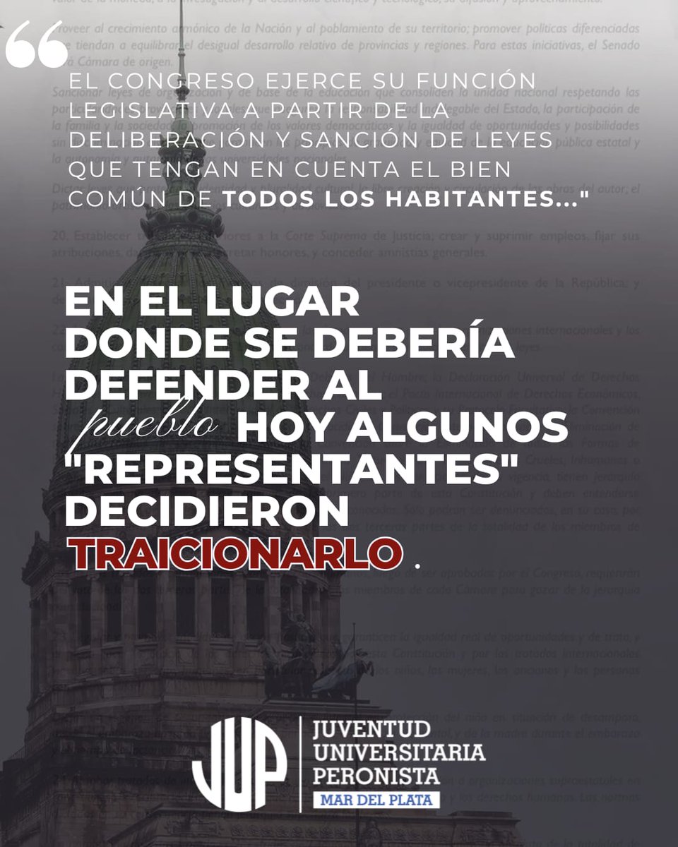 TRAICIÓN 🚩

​Traicionar es entregar lo ajeno y abandonar lo prometido. Ayer se dio la espalda al pueblo con una "modernización" que recorta derechos, elimina la Justicia Social y precariza al trabajador.

​¡El legado de Perón no se entrega: se defiende! ✌🏼🇦🇷
#NoALaReforma